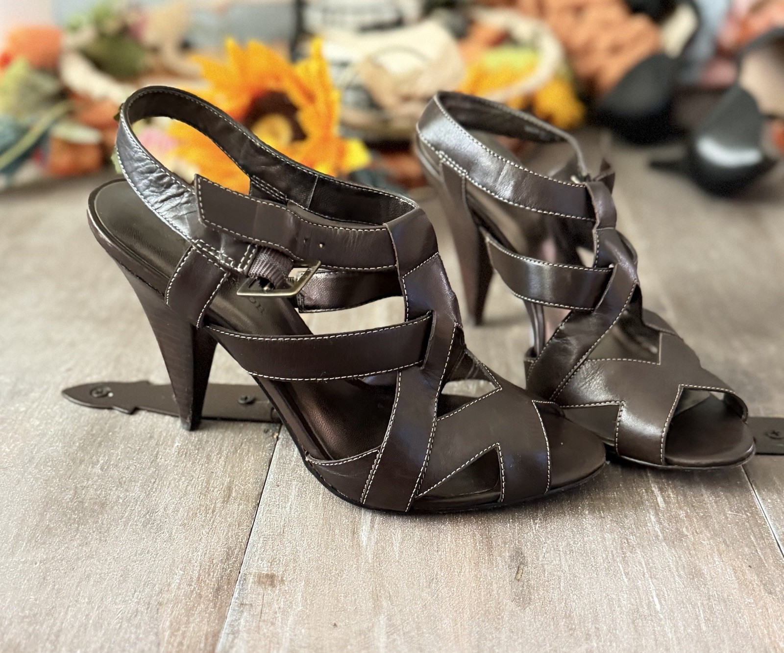 Ann Taylor Brown Leather Strappy Open Toe Slingback Heels w/ Buckle