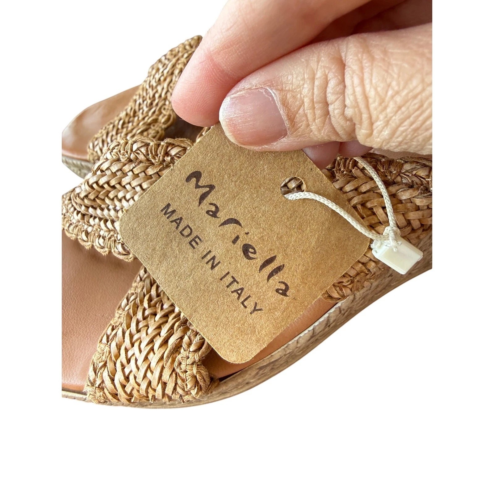 Mariella Tan Woven Wedge Heel Criss Cross Straps Slip-On Italian Sandals 9.5