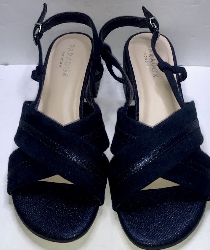 PARADOX LONDON Navy Suede Strappy Buckle Ankle Strap Block Sandals US 8