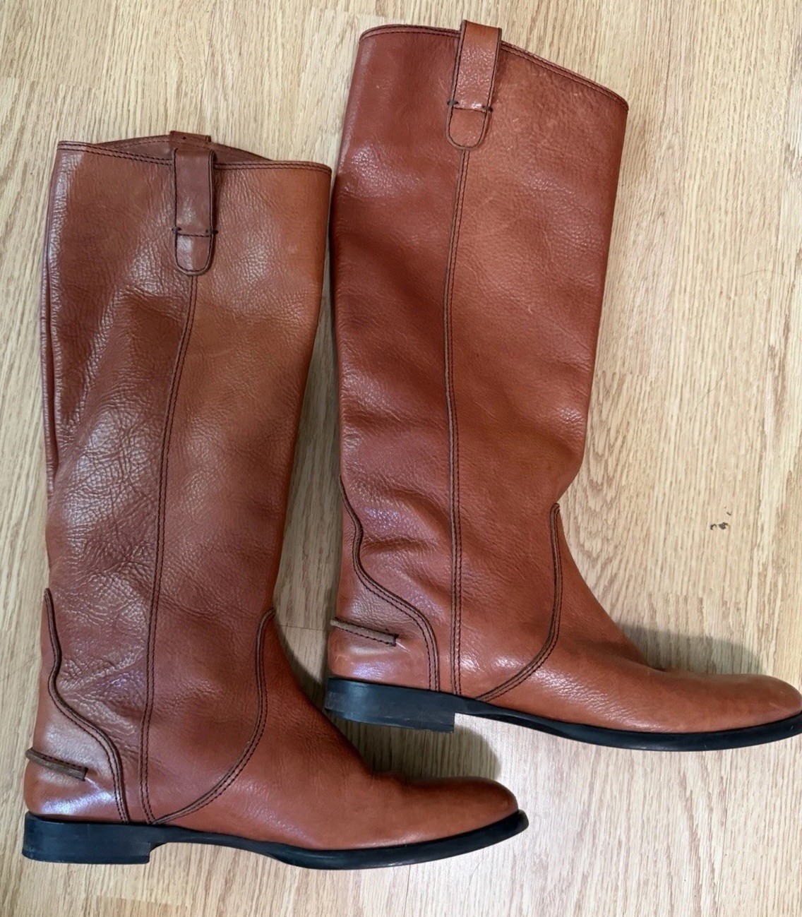 Brown Leather Knee High Riding Boot Pull-On Pull Tab Made in Italy 9.5