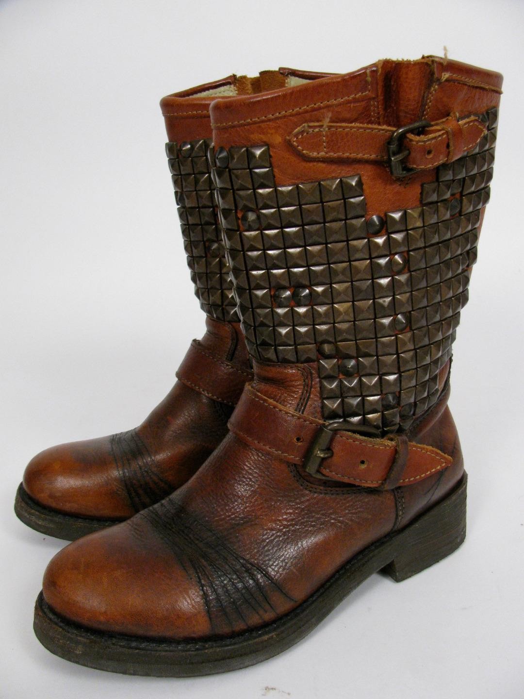 ASH BOOTS BROWN LEATHER DISTRESSED MOTO BIKER TRASH PAVONDONA STUDDED SHOES~38.5