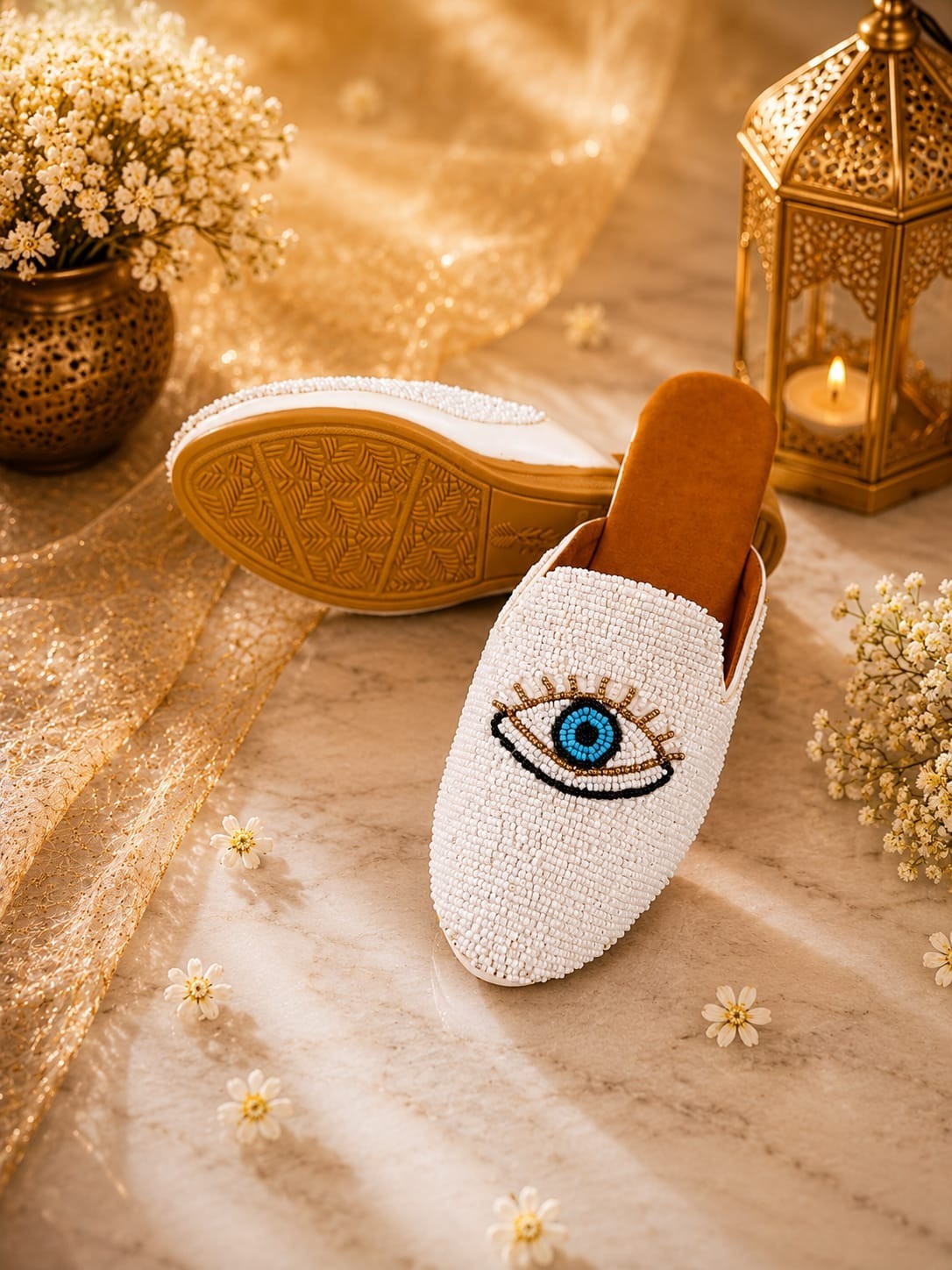 Handmade Women’s Grey Beaded Evil Eye Mules Slip On Flats Ethnic Comfort Shoes