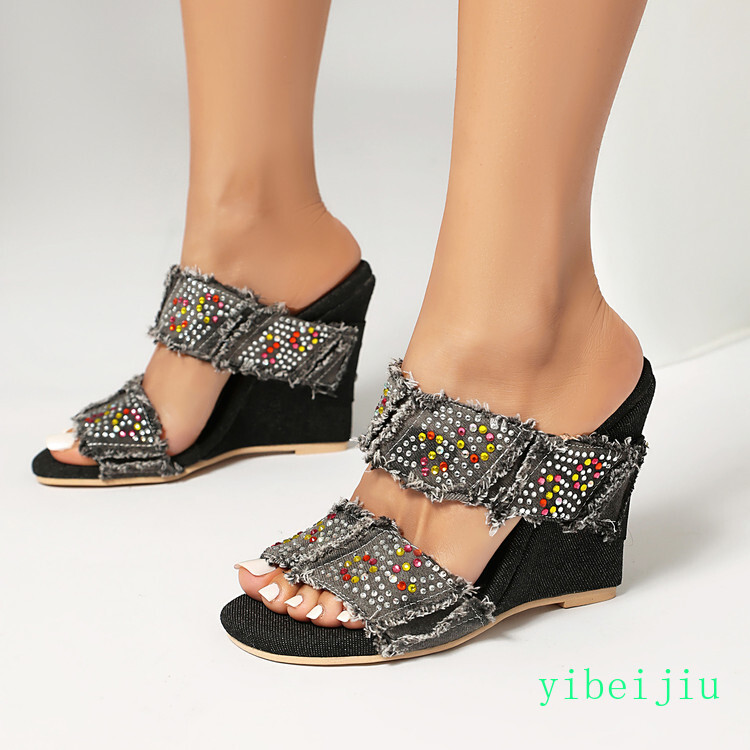 2026 Womens Denim Jeans Rhinestones Slippers High Wedge Heel Sandals Mules Shoes