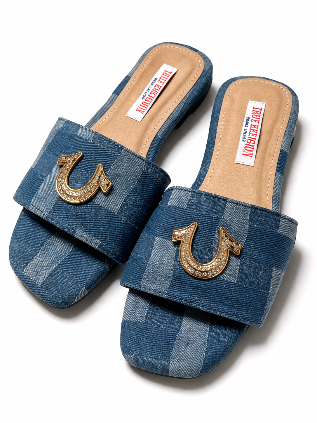 True Religion Denim Slide Sandals Crystal Horseshoe Logo Blue Size 7 NWOB