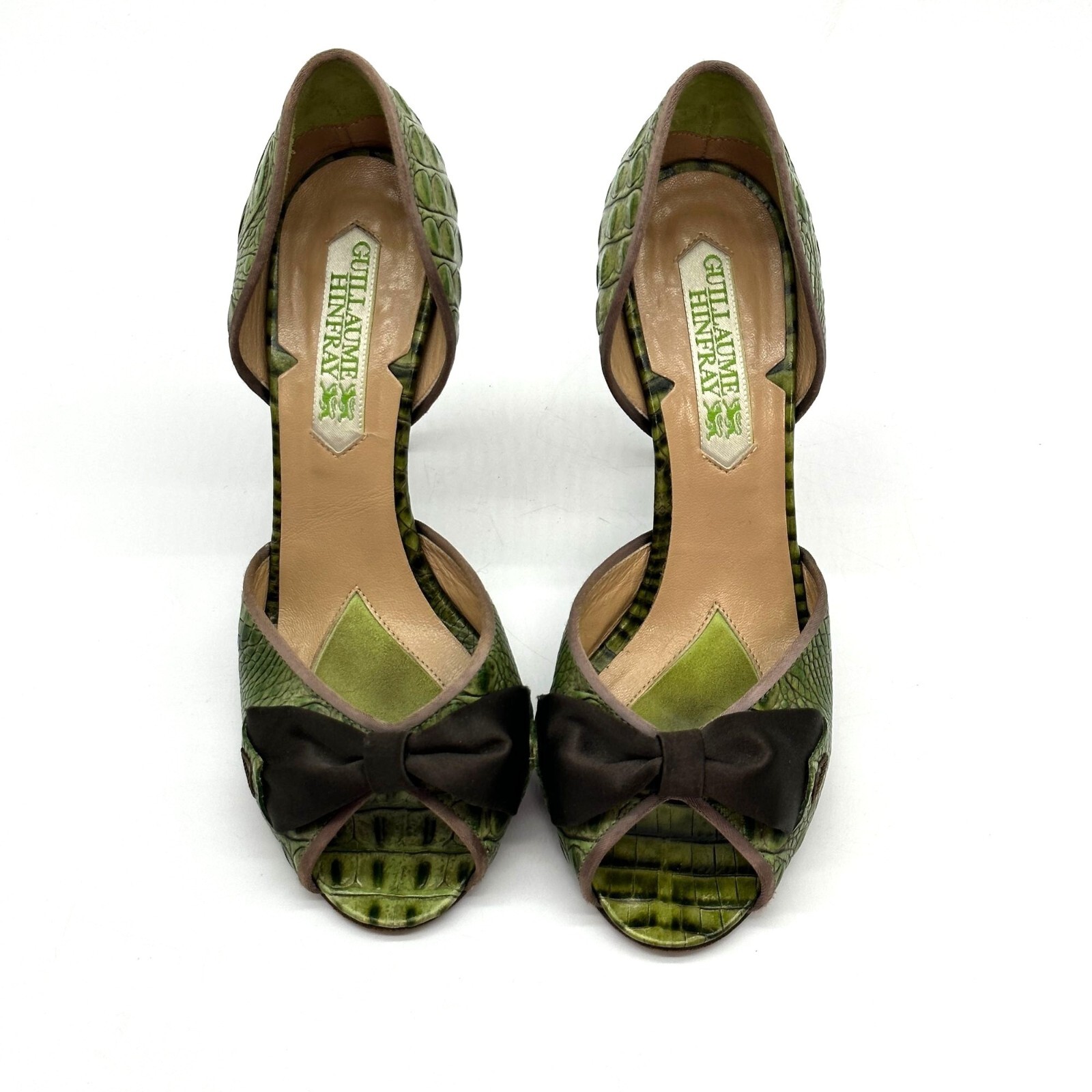 Guillaume Hinfray Womens Crocodile Heels Bow Open Toe Green Leather Size 37