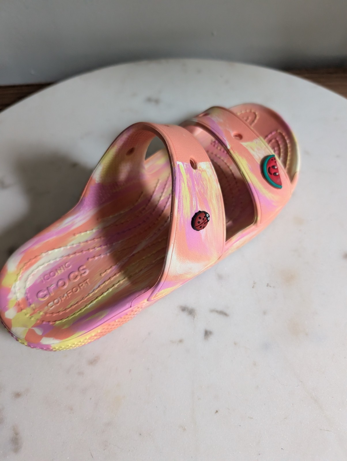 Crocs Iconic Comfort Women’s Slide Sandals Pink Yellow Marble Jibbitz Size W7