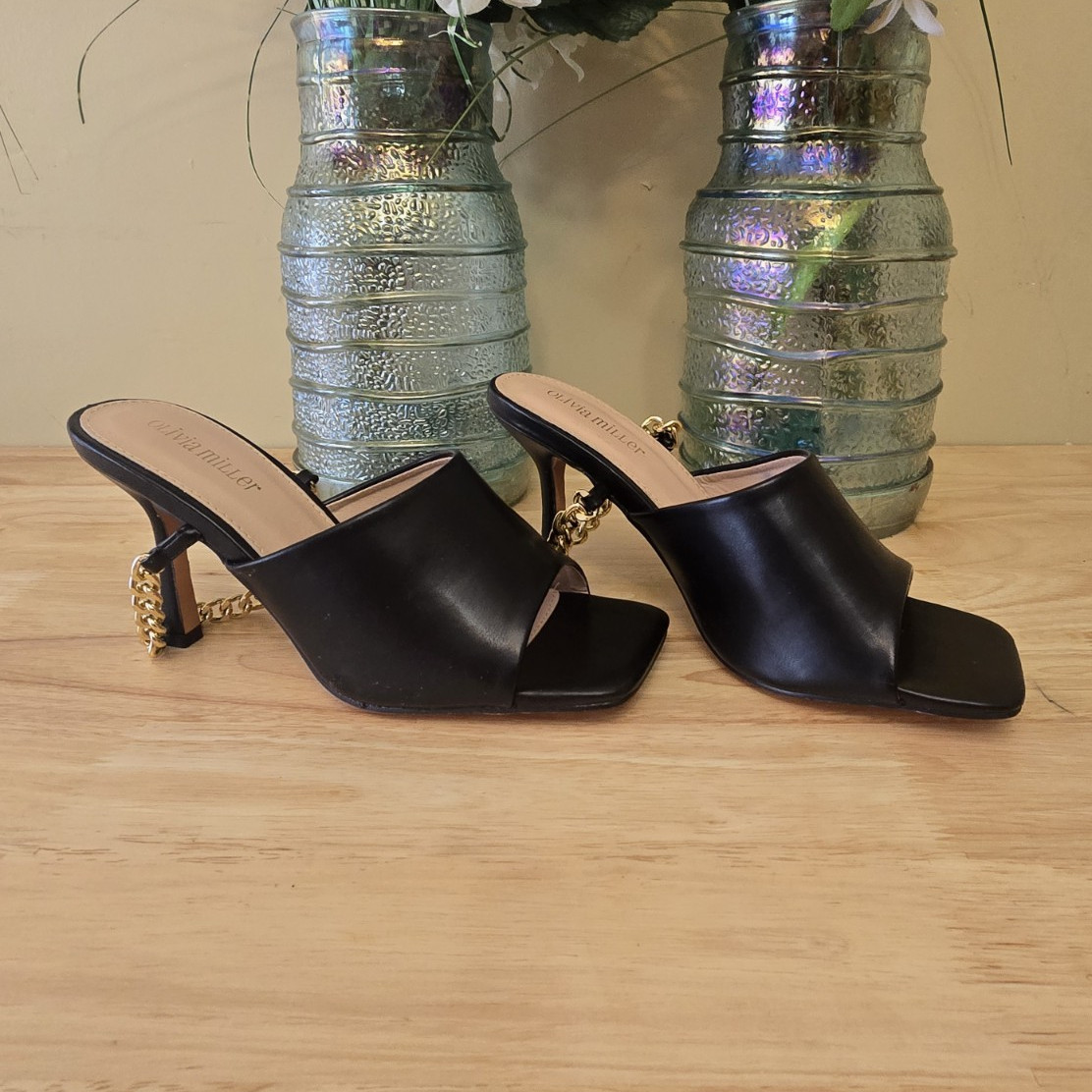 Carrie Miller Women’s Black Square Toe Slip-On Mule Stiletto Chain 9