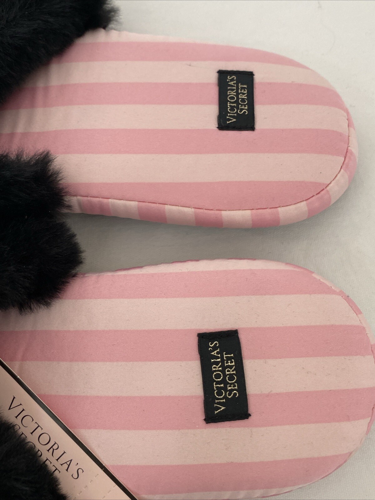 Victoria’s Secret WOMEN’S SLIPPERS House Shoes Size L Pink Black Faux Fur NWT!