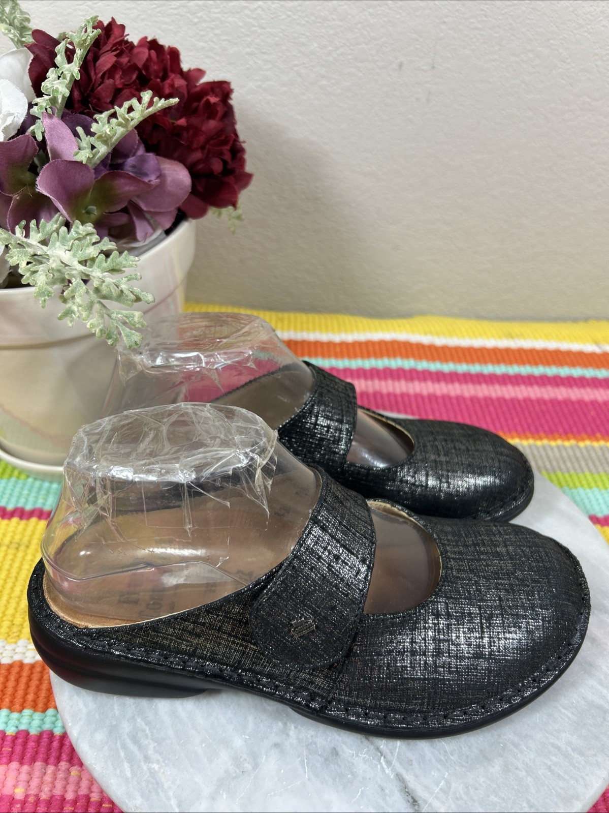 Finn Comfort Women’s Stanford Metallic Black Leather Mule Sandals EU 37 US 6-6.5