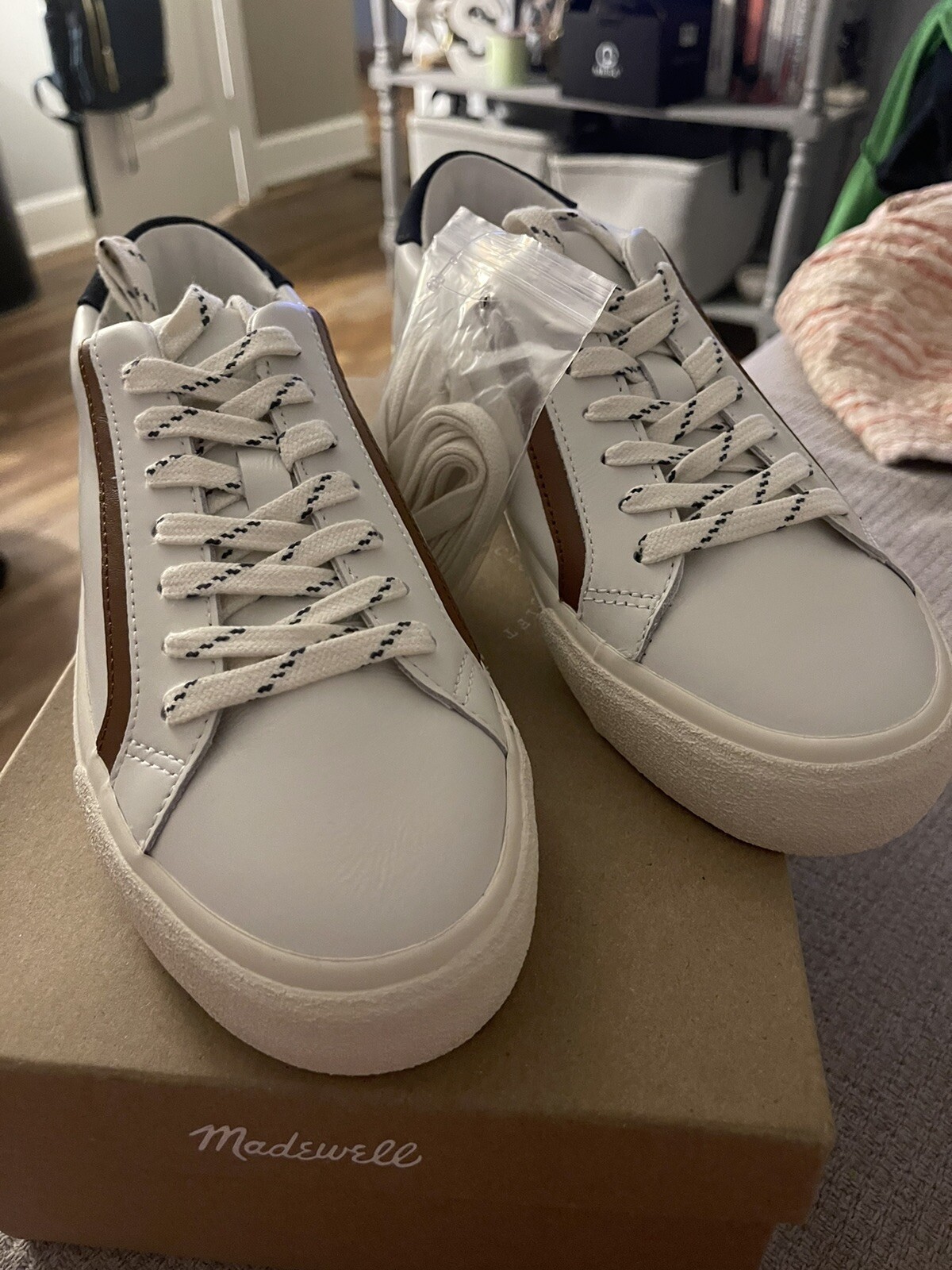 Madewell Sidewalk Tennis Shoes Leather White w/ Brown Accents Women’s 7.5
