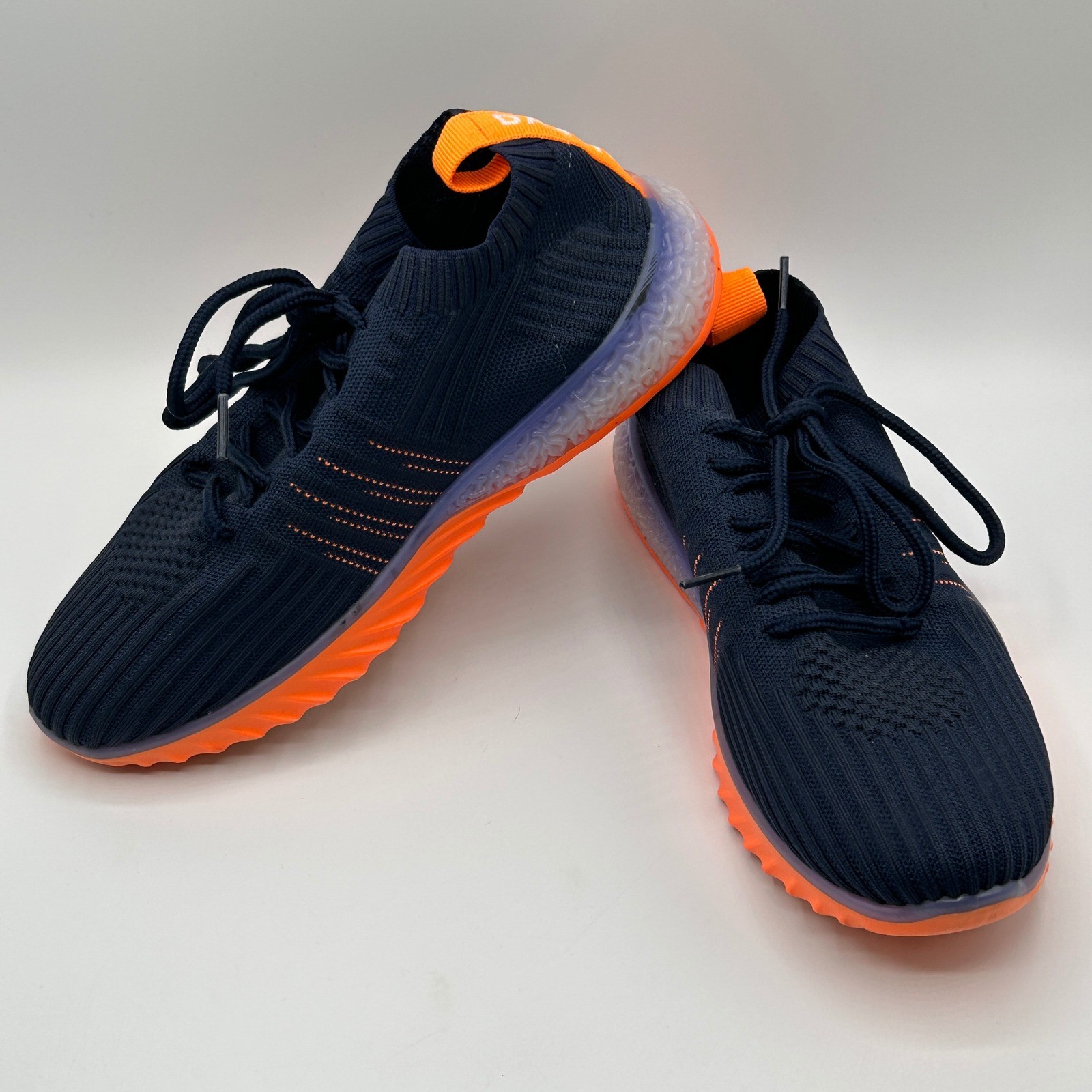 Danskin Positive Womens 7 Navy Blue Orange Neon Knit Vegan Athletic Sneakers