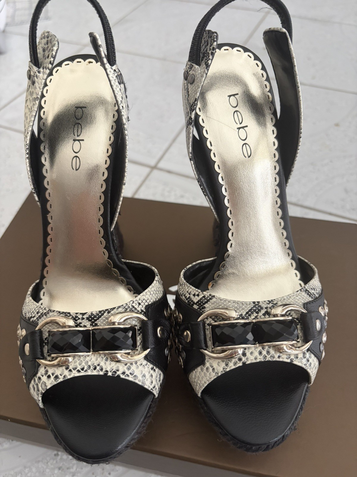 Bebe “Sterling Update” Black/White wedge sandal. Size 8. Brand new. Beautiful!!