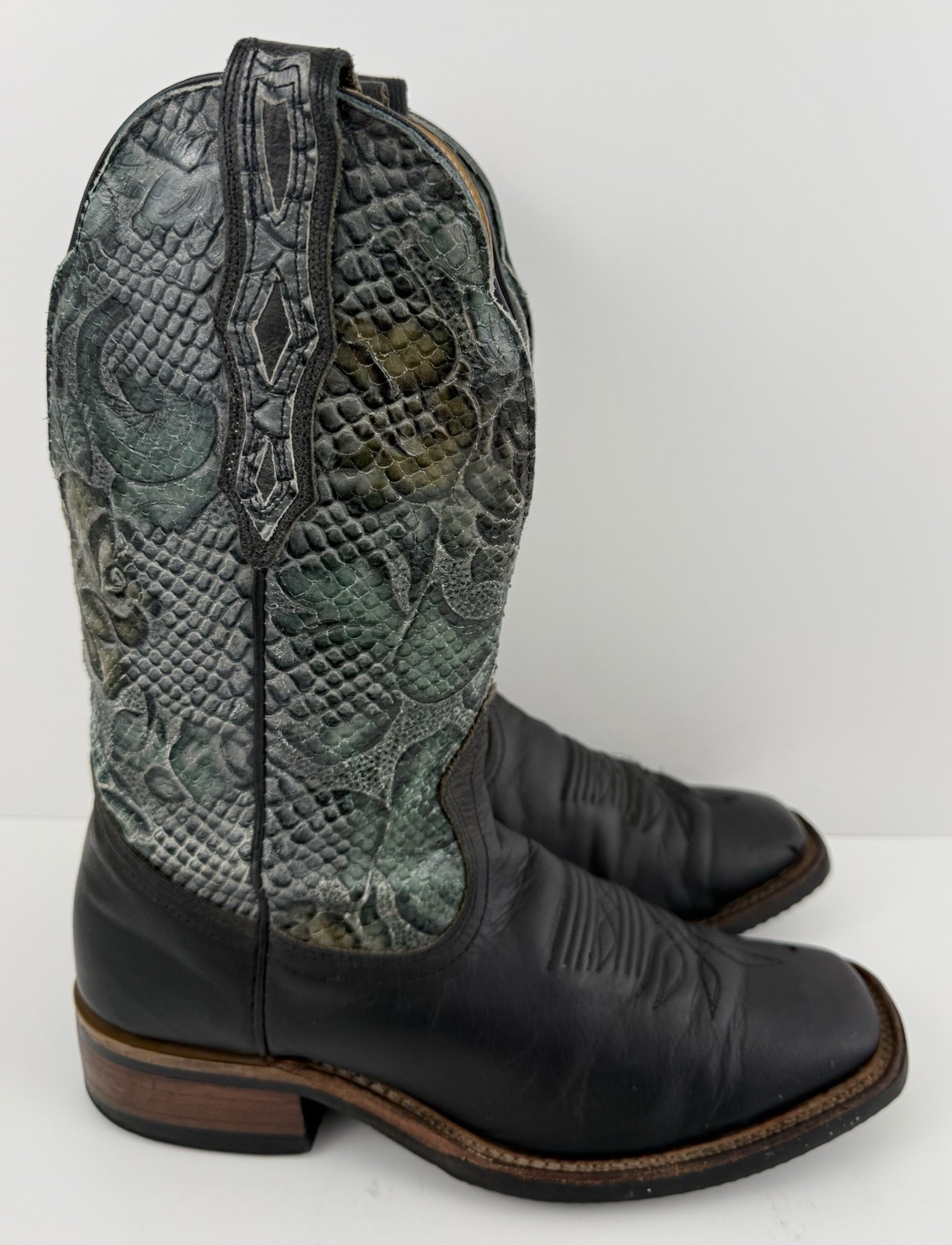 Boulet Brown Leather Green Black Python Shaft Square Toe Cowboy Boots Womens 8 C