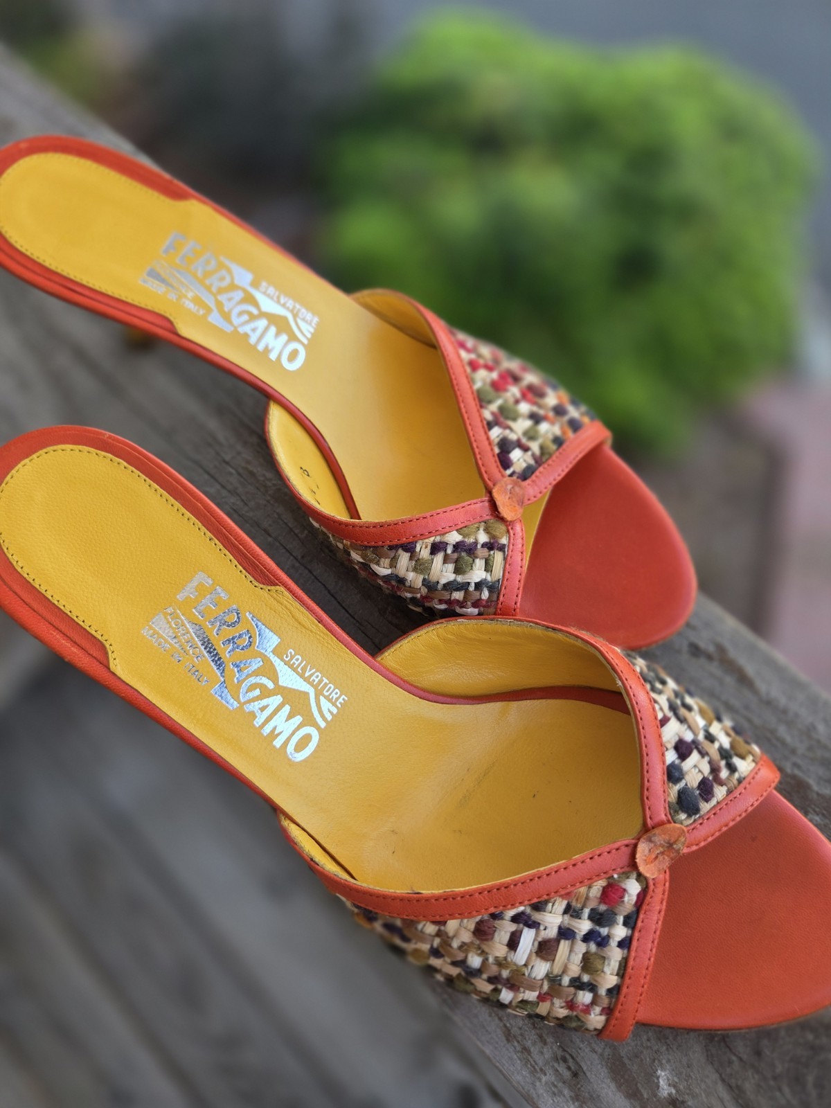 Salvatore Ferragamo Woven Leather Slide Sandals Orange Multicolor 8.5B