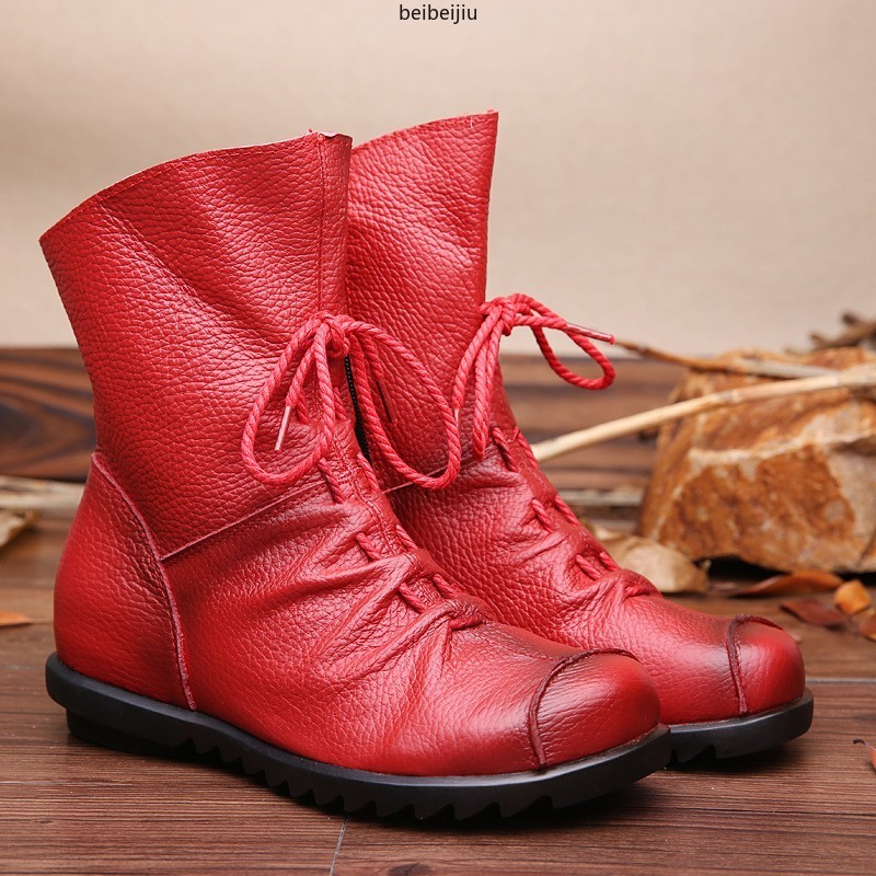 Womens Soft Leather Lace Up Ankle Boots High Top Moccasin Side Zip Comfort Shoes