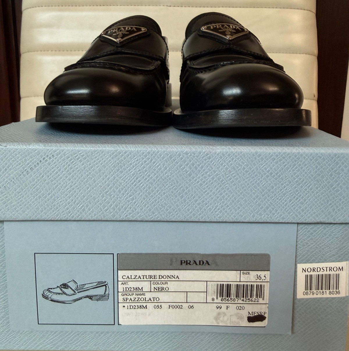 PRADA Womens Black Leather Metal Triangle Logo Loafers Shoes