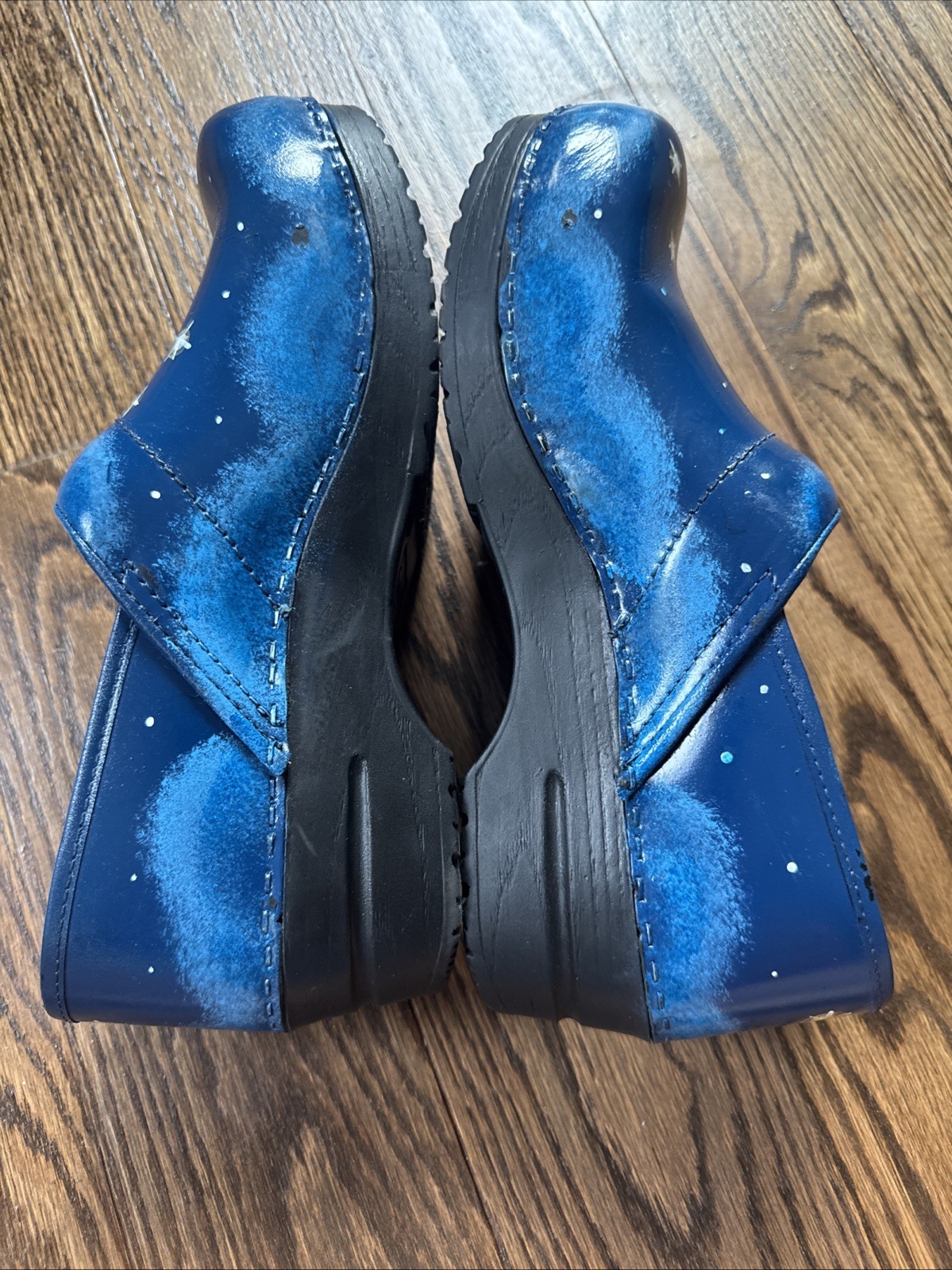 Sanita Moon Stars Hand Painted Danish Clogs Size 40 Blue Leather EUC