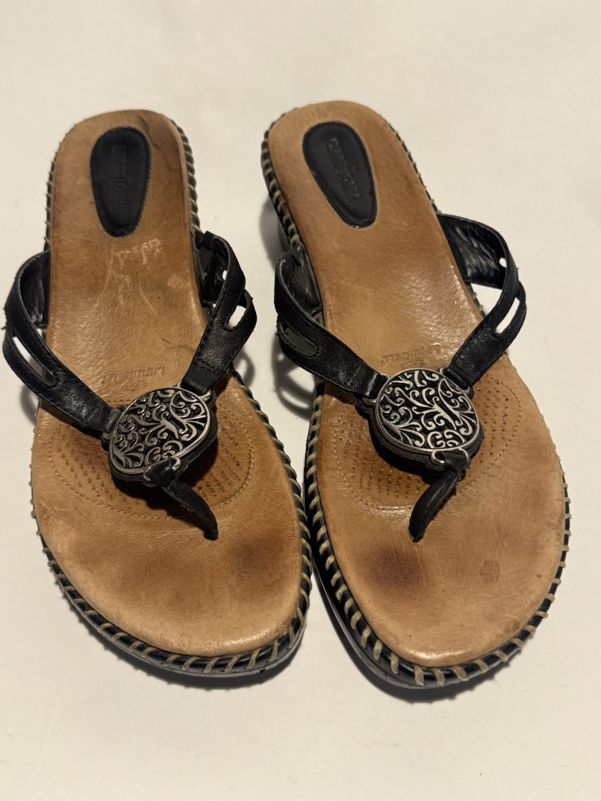 Minnetonka Leather Cushioned Slide On Western Wedge Sandal Size 10Silver Buckles