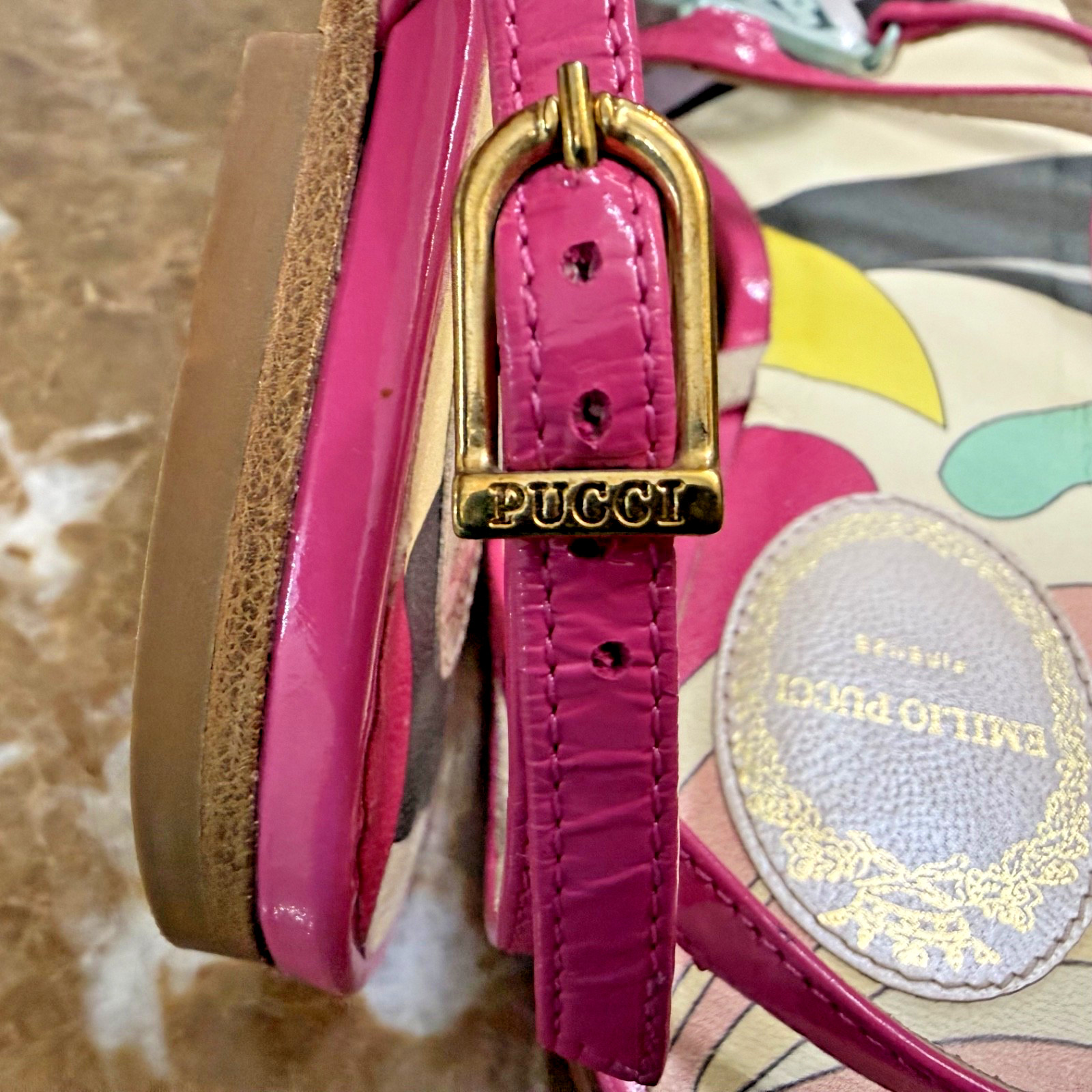 Emilio Pucci Leather Sandals Flats W Dust Bag Pink Green Logo Medallion- Size 37