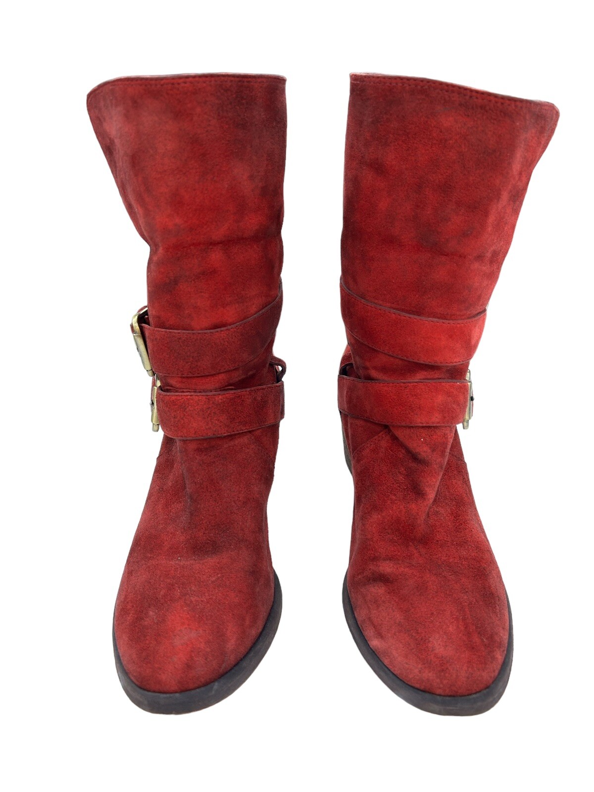 DONALD PLINER Moto Boots SIZE 6.5 Mid Calf Distressed Red Suede Buckle Fold Over
