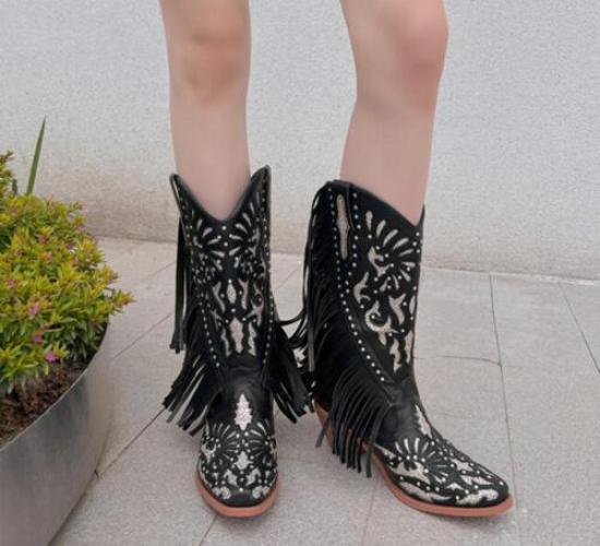 Women Punk Point Toe Block Heel Ankle Boot Tassel Embroidered Tube Boot Chelsea