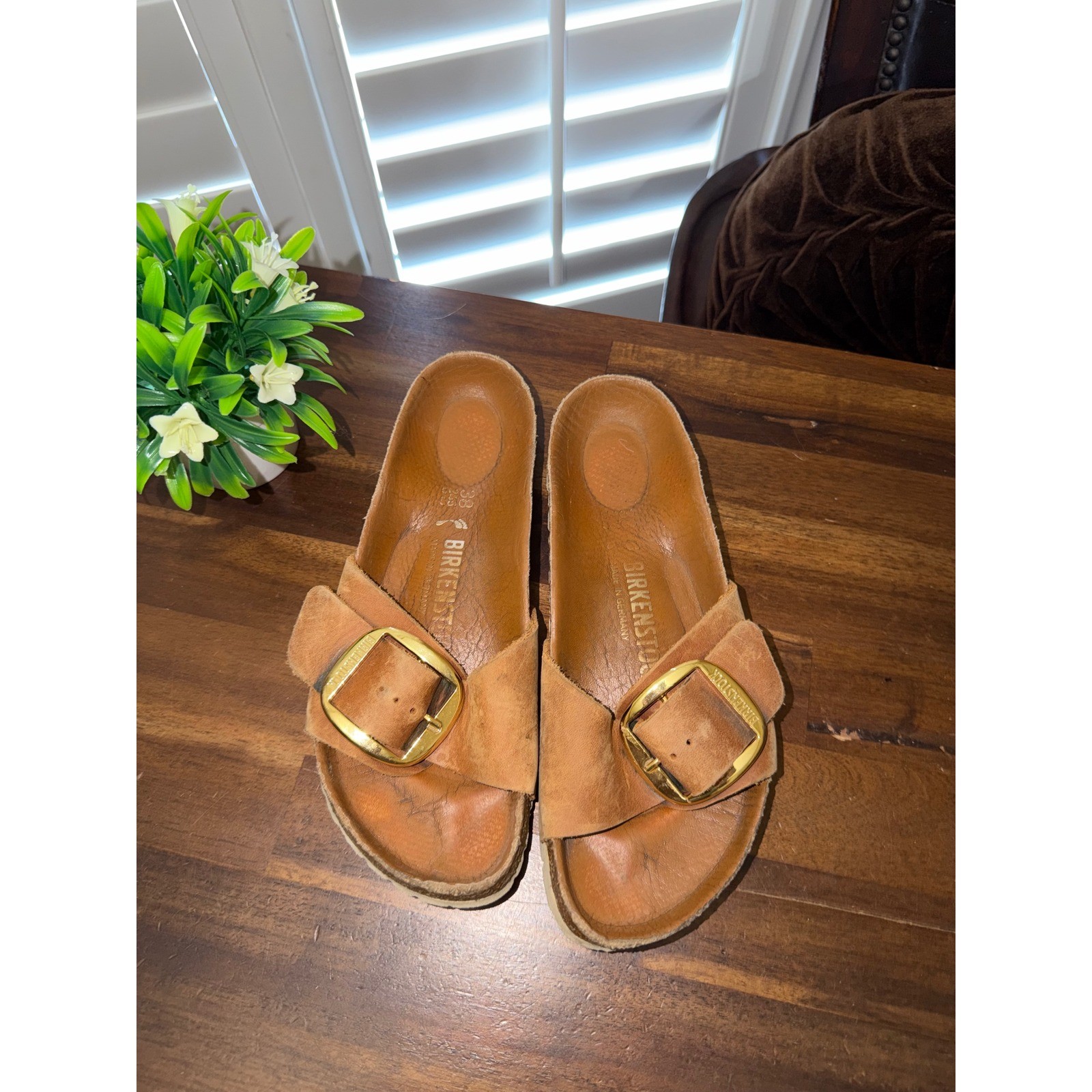 Birkenstock Madrid Big Buckle Cognac Leather Slide Sandals Gold Buckle Size 38
