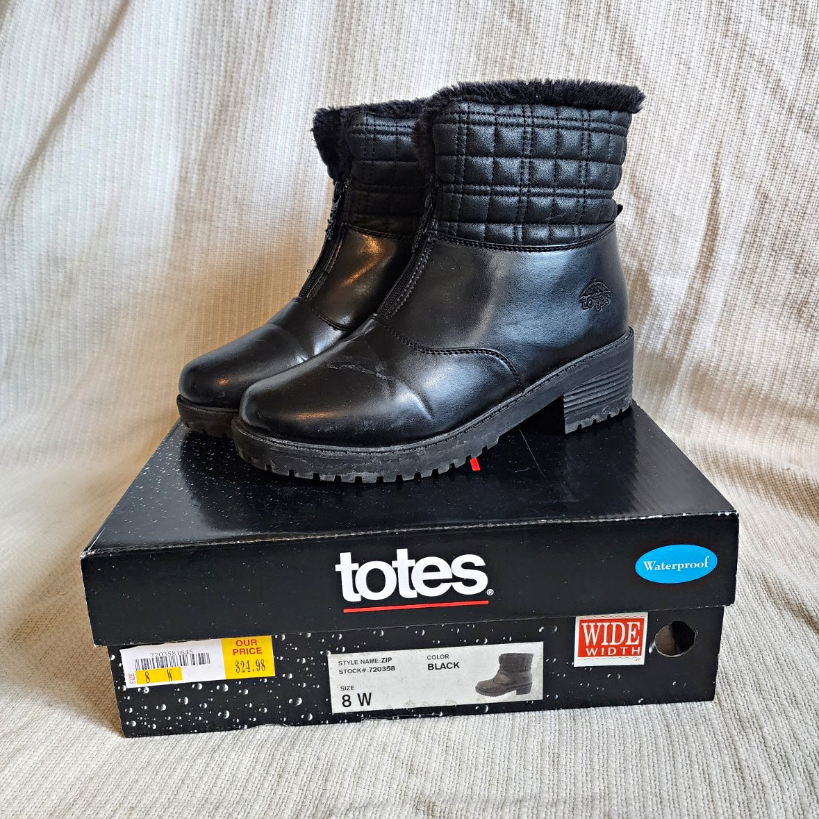 Totes Zip Black Waterproof Lined Ankle Bootie Zip Faux Fur Trim Women’s 8W