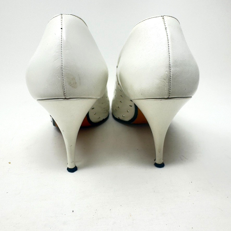 Pancaldi Heels Size 10AA White Kid Leather Bow Toe Detail 3.5in Heel