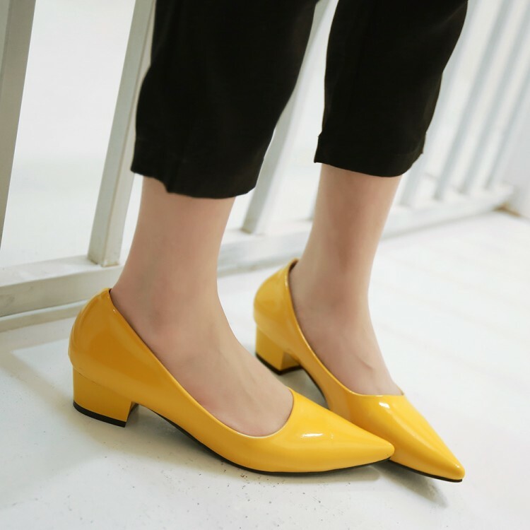 Pointy Toe Patent leather Shoes Womens Trendy Block Pumps Mid Heels Plus Size
