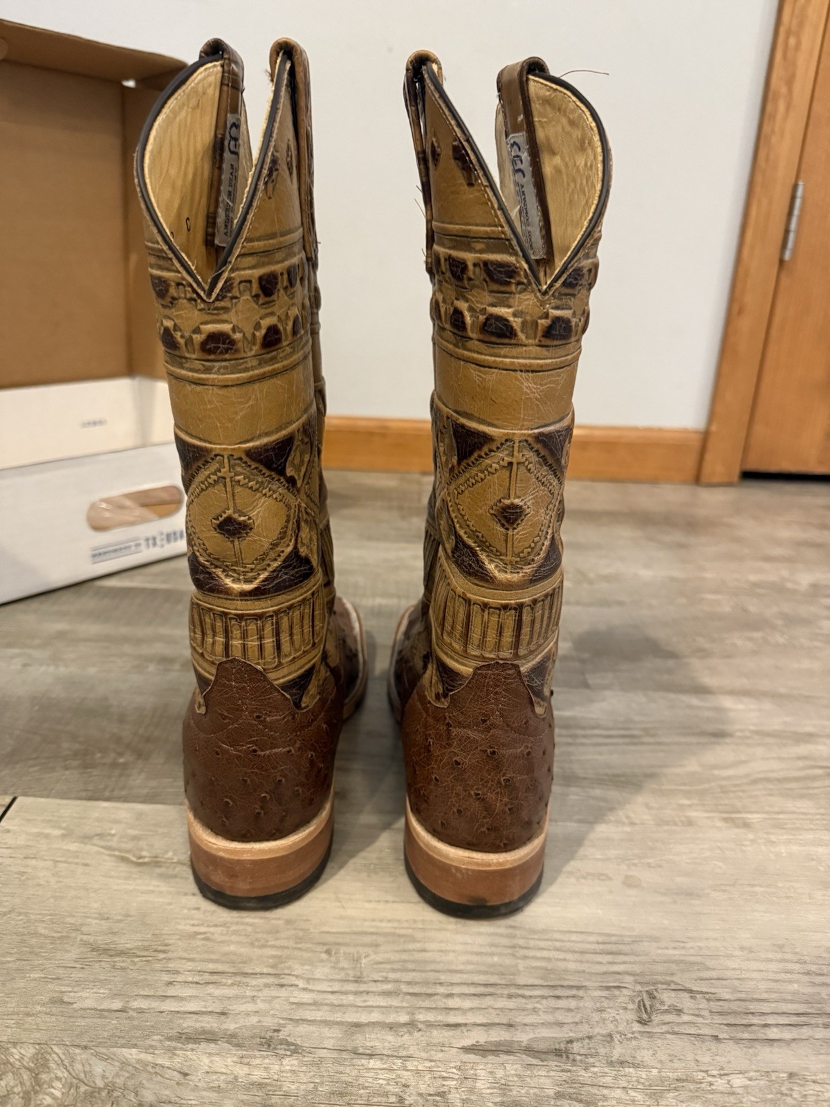 Anderson Bean Women’s Western Ostrich/Leather Boots Brown Tan Square Toe 9C