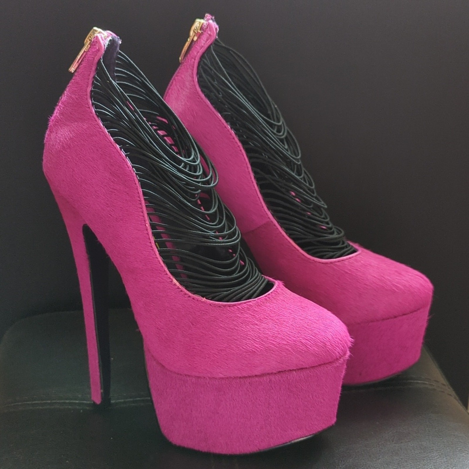 London Trash Ceres Platform Pony Hair Hot Pink Leather Pumps Sexy Heels NWT