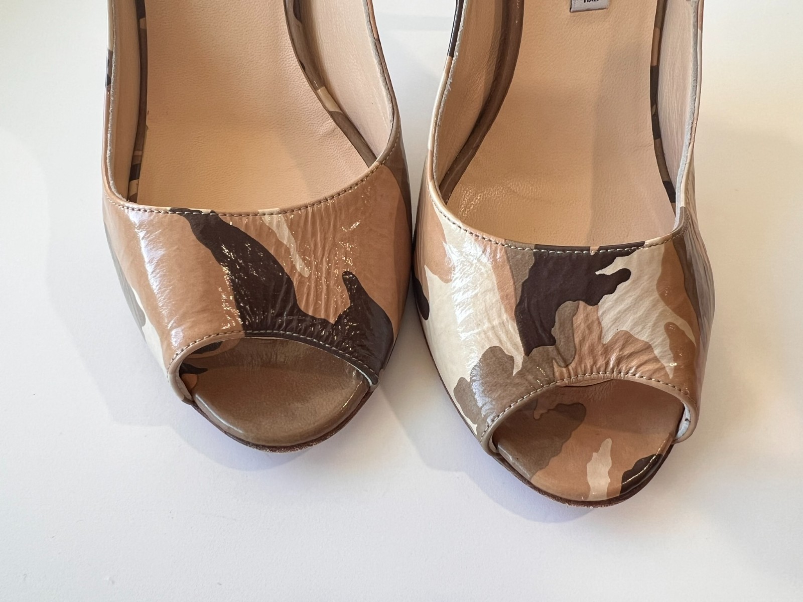Luciano Padovan Beige, Brown, Cream Camouflage Leather Peep Toe Italian Heels 37