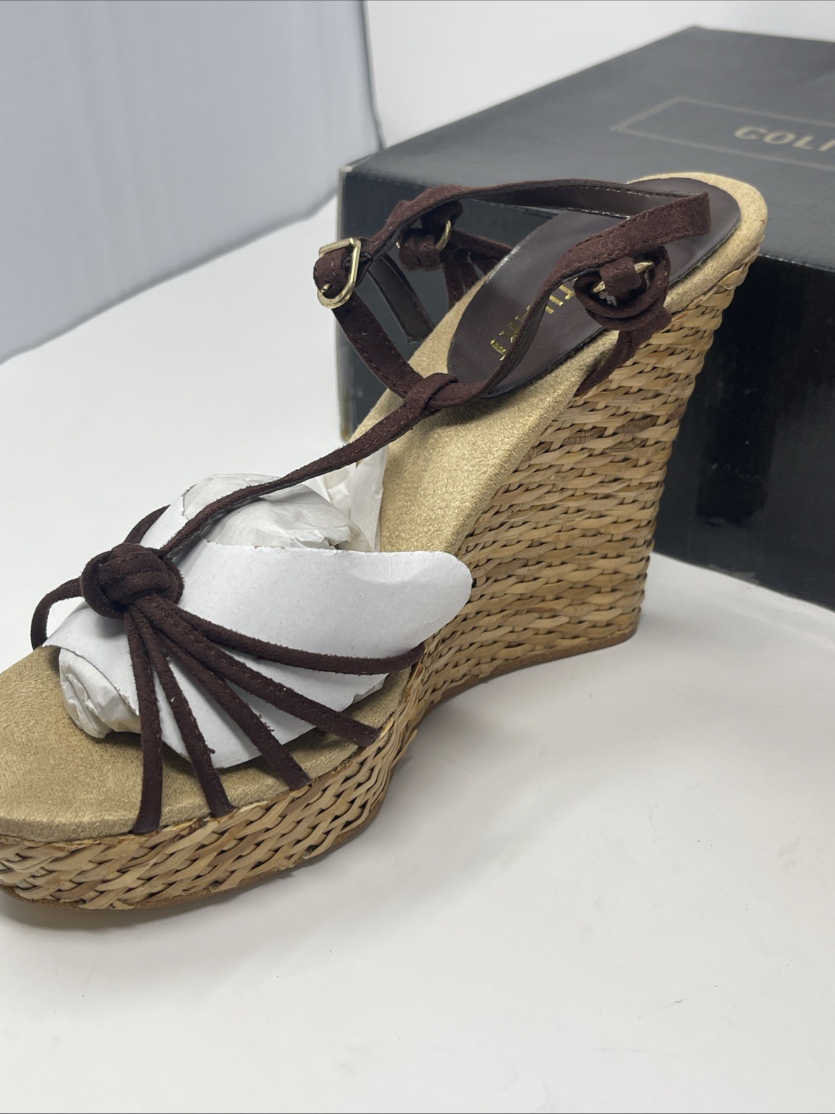 Colin Stuart Isabella-Knot Wedge Leather Strappy Sandals Brown W/ Box Small Flaw
