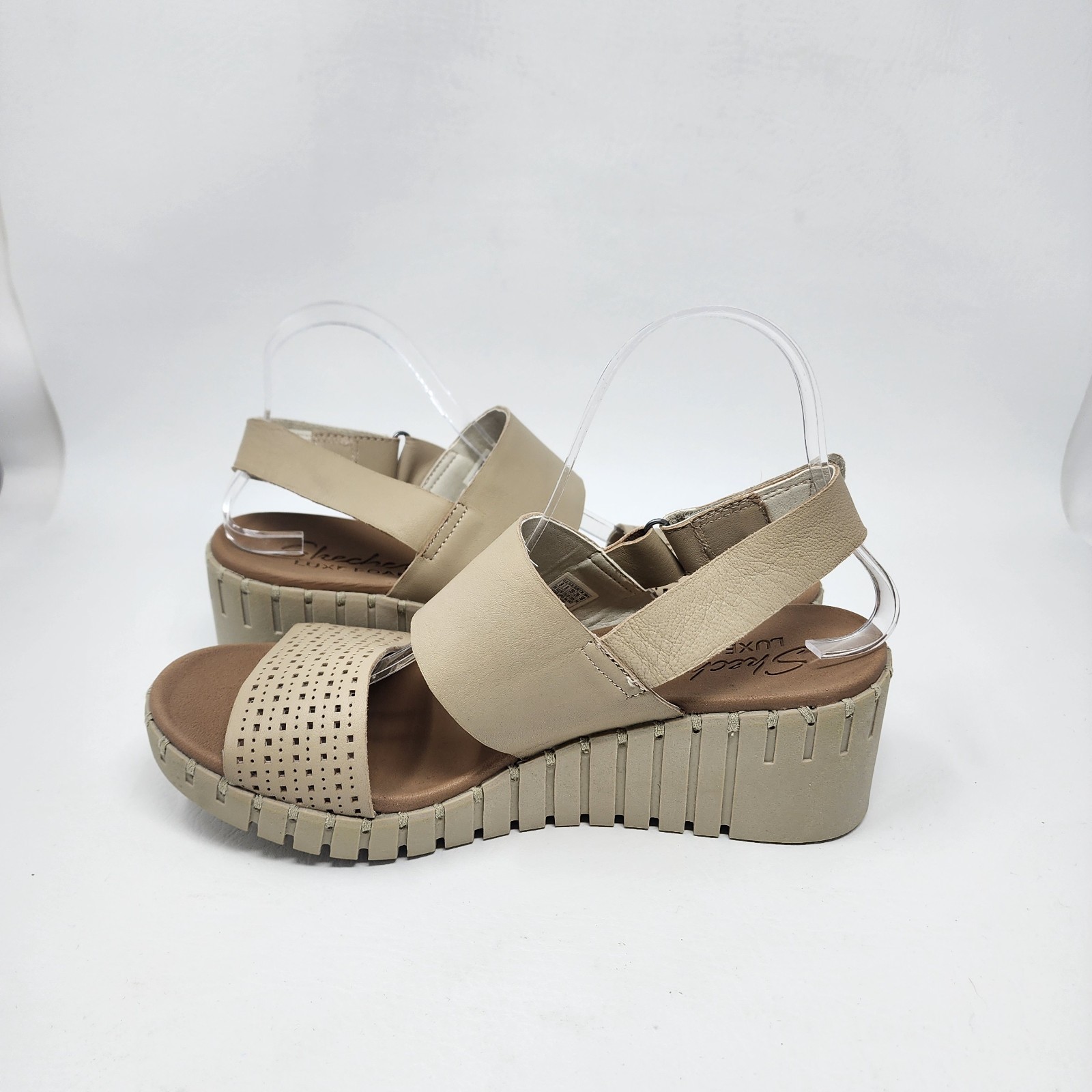 Skechers Luxe Foam Pier Ave Taupe Leather Wedge Slingback Sandals Size 9 Resort