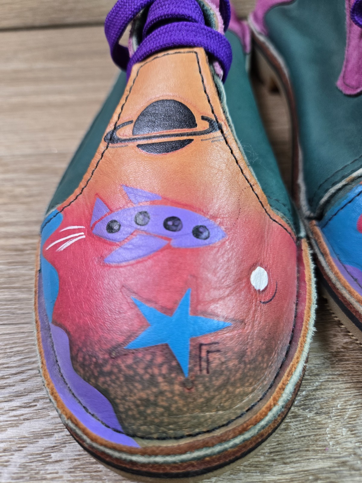 Hand Painted Leather Shoe Sz 8 Vibram Soles UFO Space Wearable Art Handmade Boho