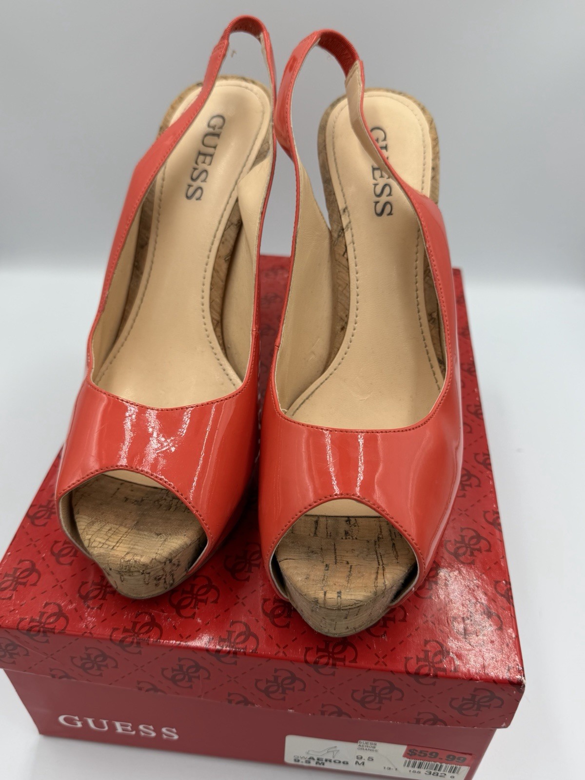 Guess Aero6 Orange Patent Peep Toe Slingback Cork Platform Heels Women’s 9.5