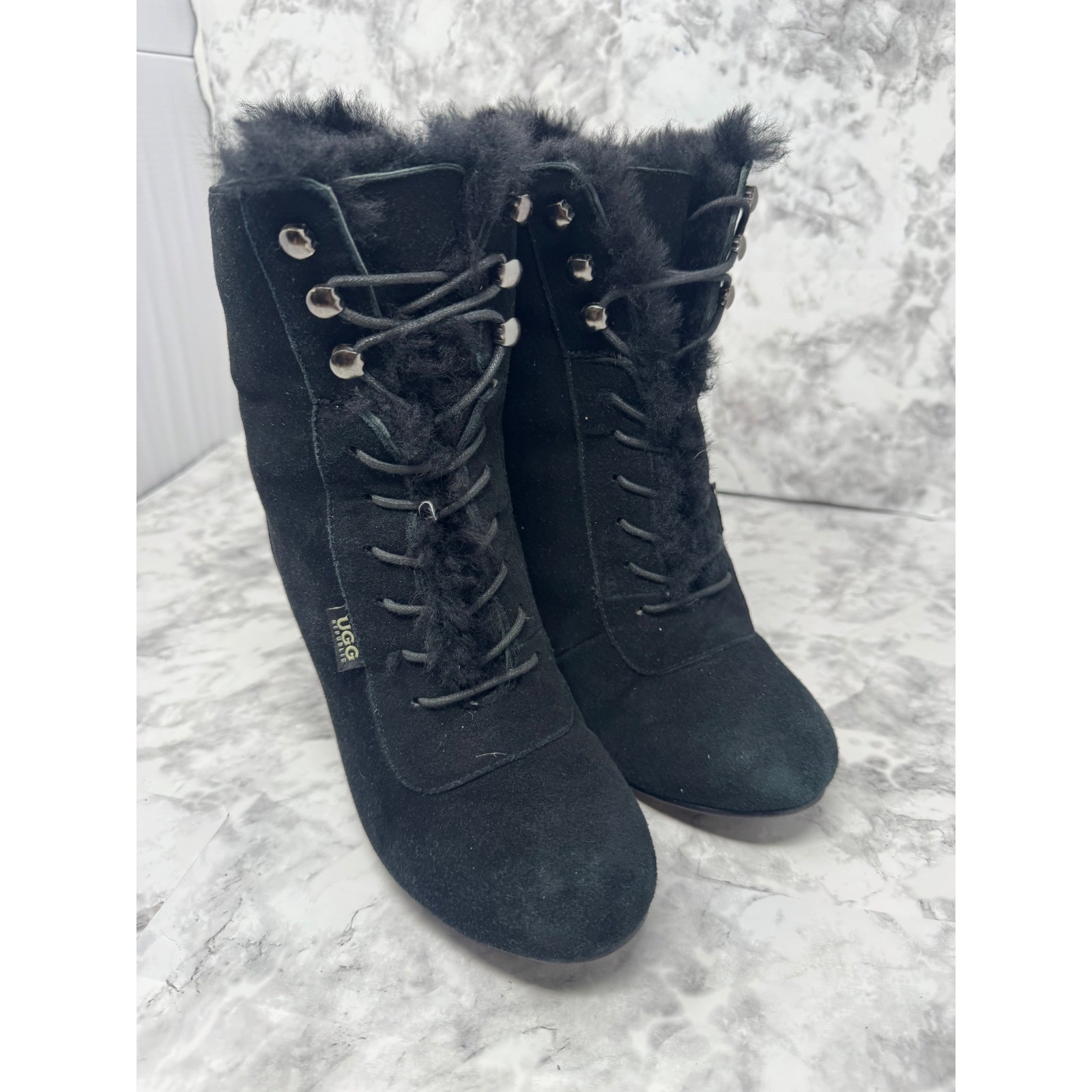 UGG 🖤Wedge Boots Black Shearling Lace Up Biker Gothic Grunge Y2K Indie sz 8