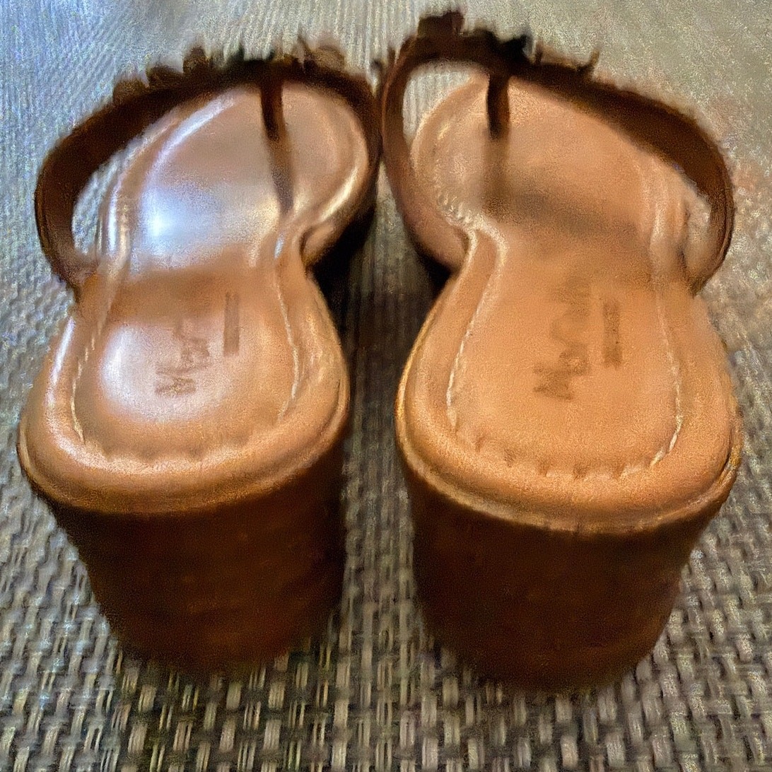 MARIELLA Made In Italy Camel Leather Colorful 3D Flower Wedge Sandals 9.5 Boho