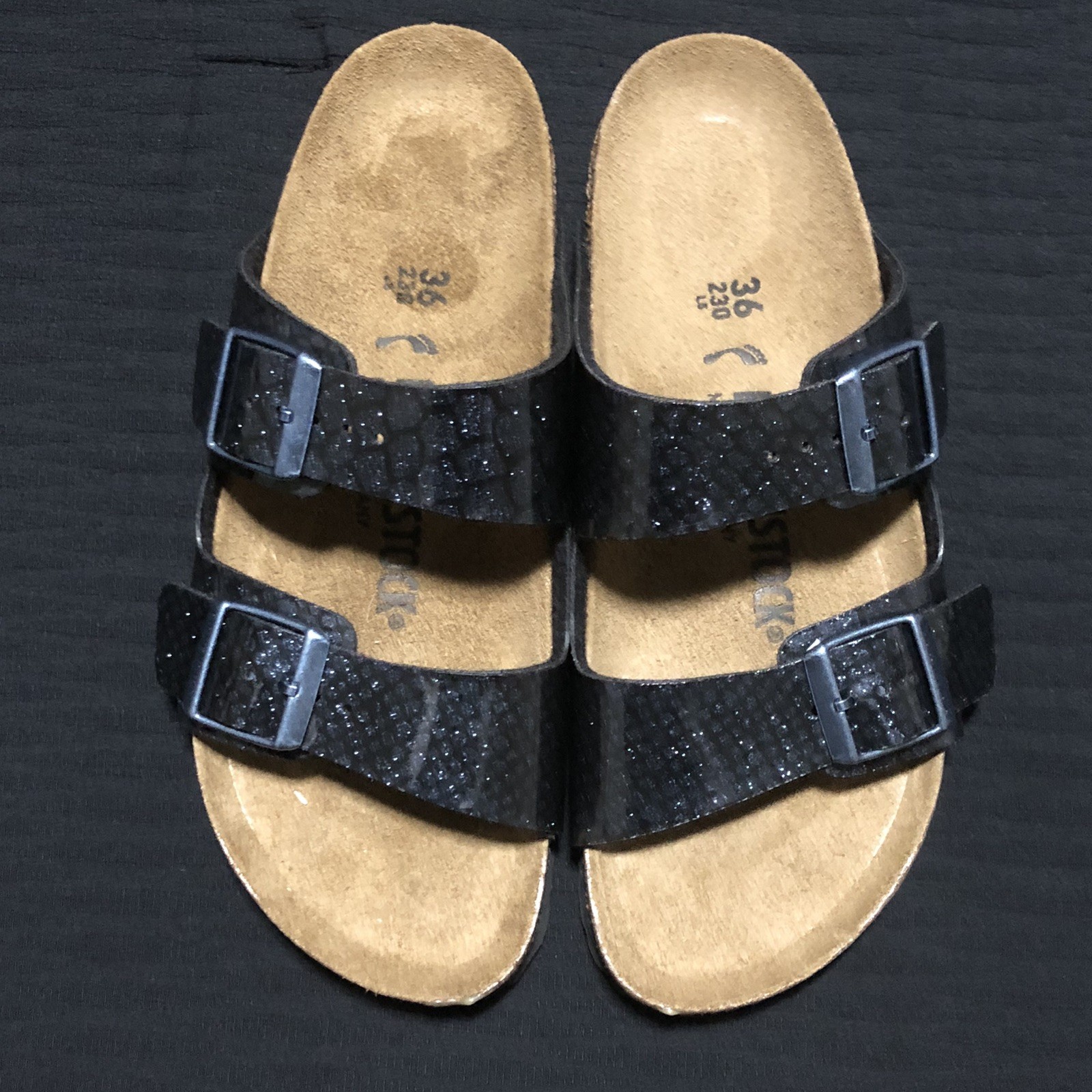 Birkenstock Arizona Sandals Shiny Magic Snake Glitter Black Blue Womens, Size 5