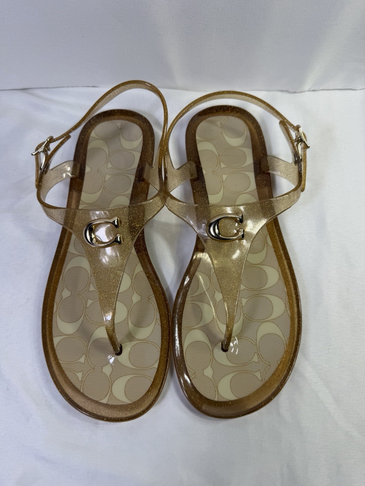 Coach Gold Glitter Logo Thong Sandals Women’s Size 7 Gold Buckle Straps