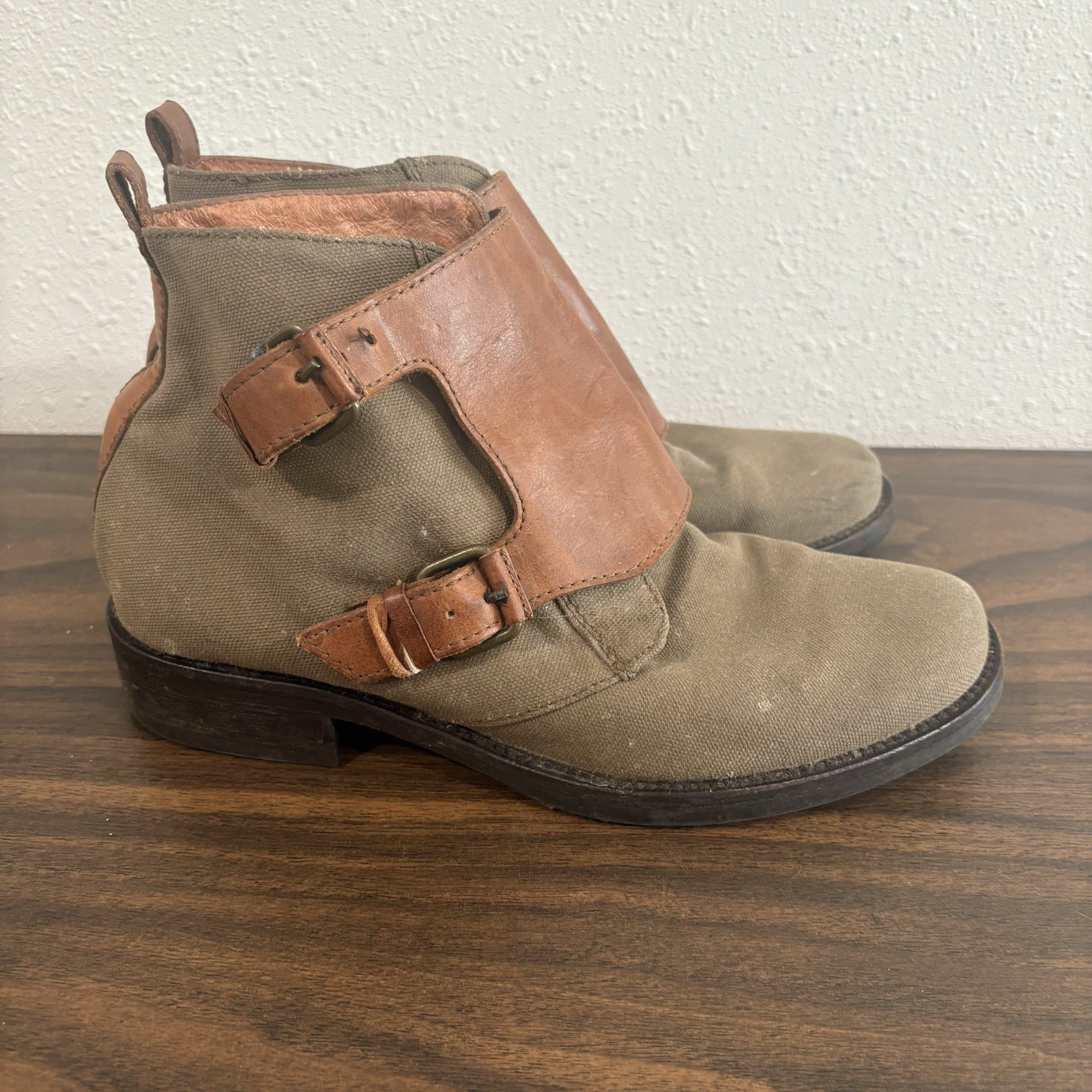 J Crew Womens Canvas Leather Double Monk Strap Ankle Booties Size 7 Green Brown