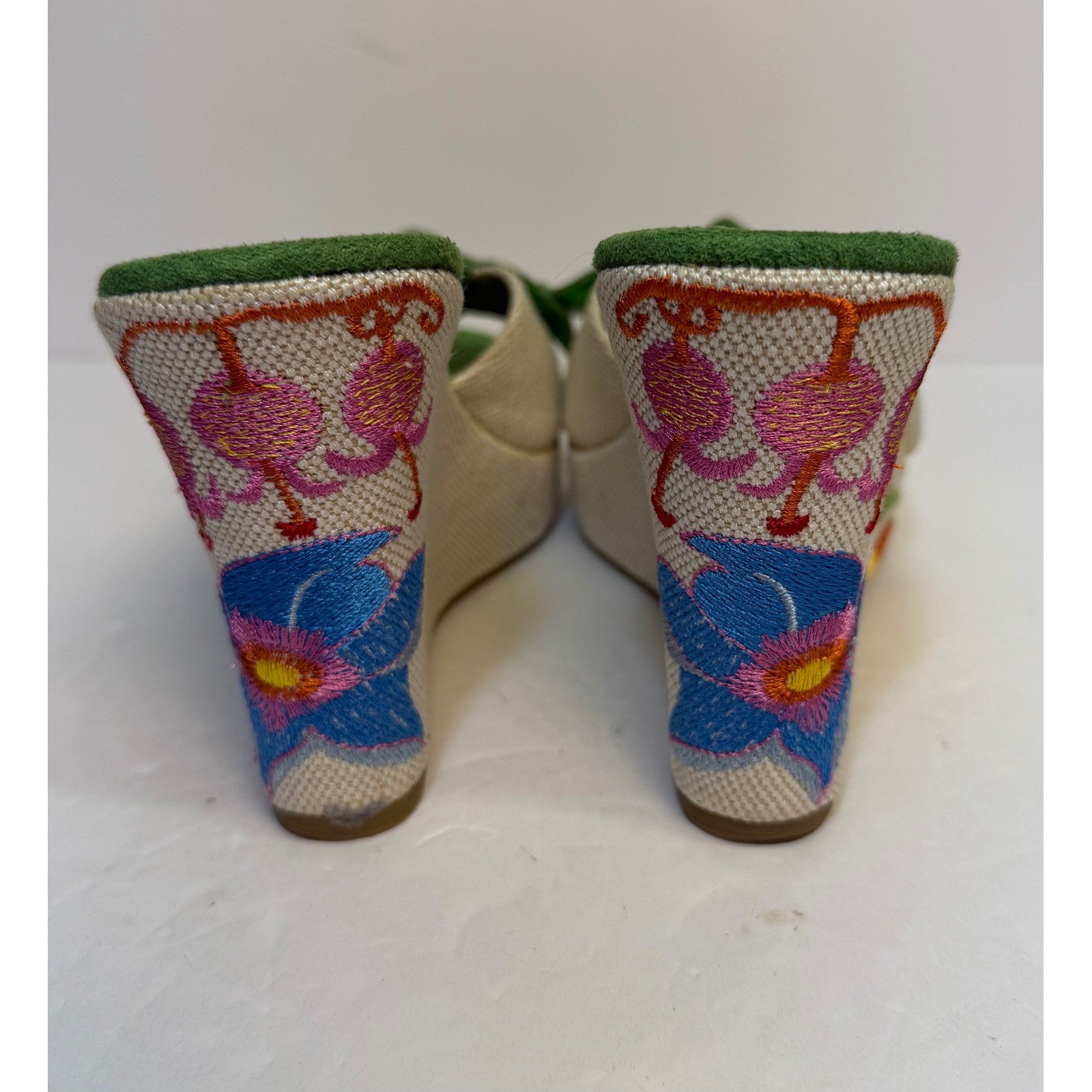 Bongo Vintage Floral Embroidered Wedge Sandals Green Canvas Bow Slides Size 7