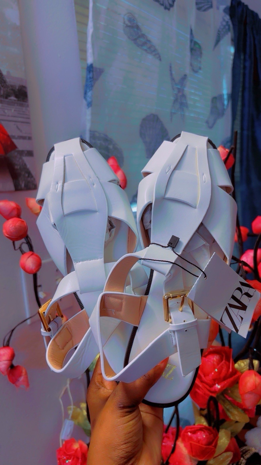 ZARA Womens White Strappy Leather Ankle Strap Buckle Sandals US 7