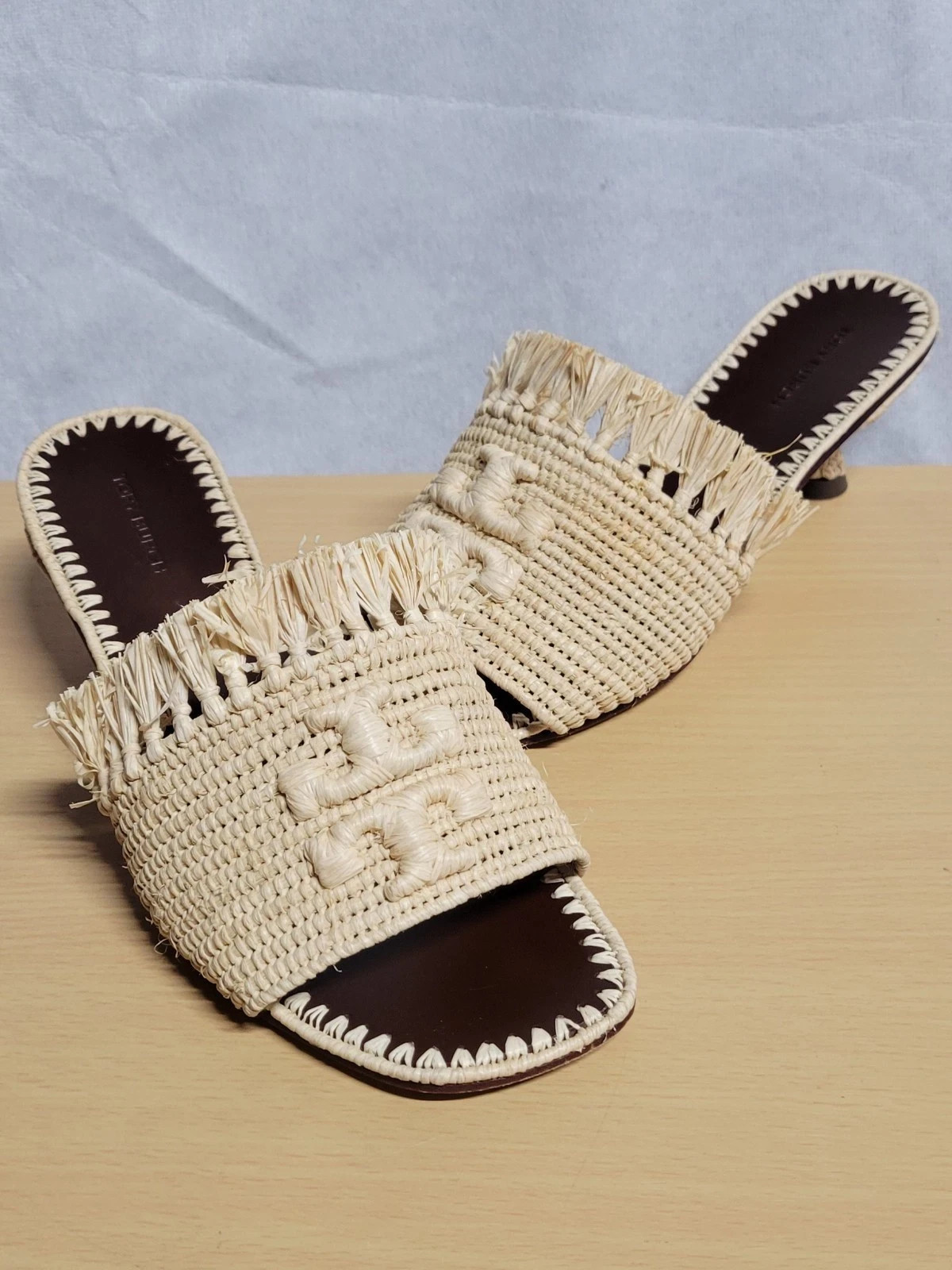TORY BURCH Raffia Kitten Heels Slides Natural Eleanor 7M FREE SHIPPING!!