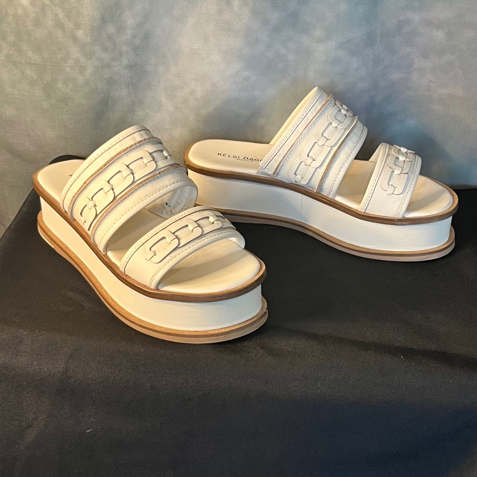 Kelsi Dagger Brooklyn Drift Salt Platform Sandals White Leather Chain Detail