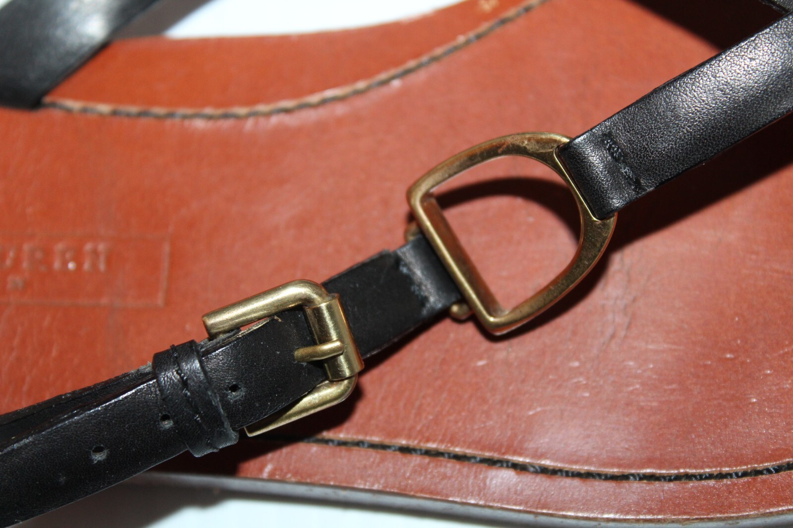 Ralph Lauren Collection Black Leather Thong Sandals Gold Stirrup Size 6.5B