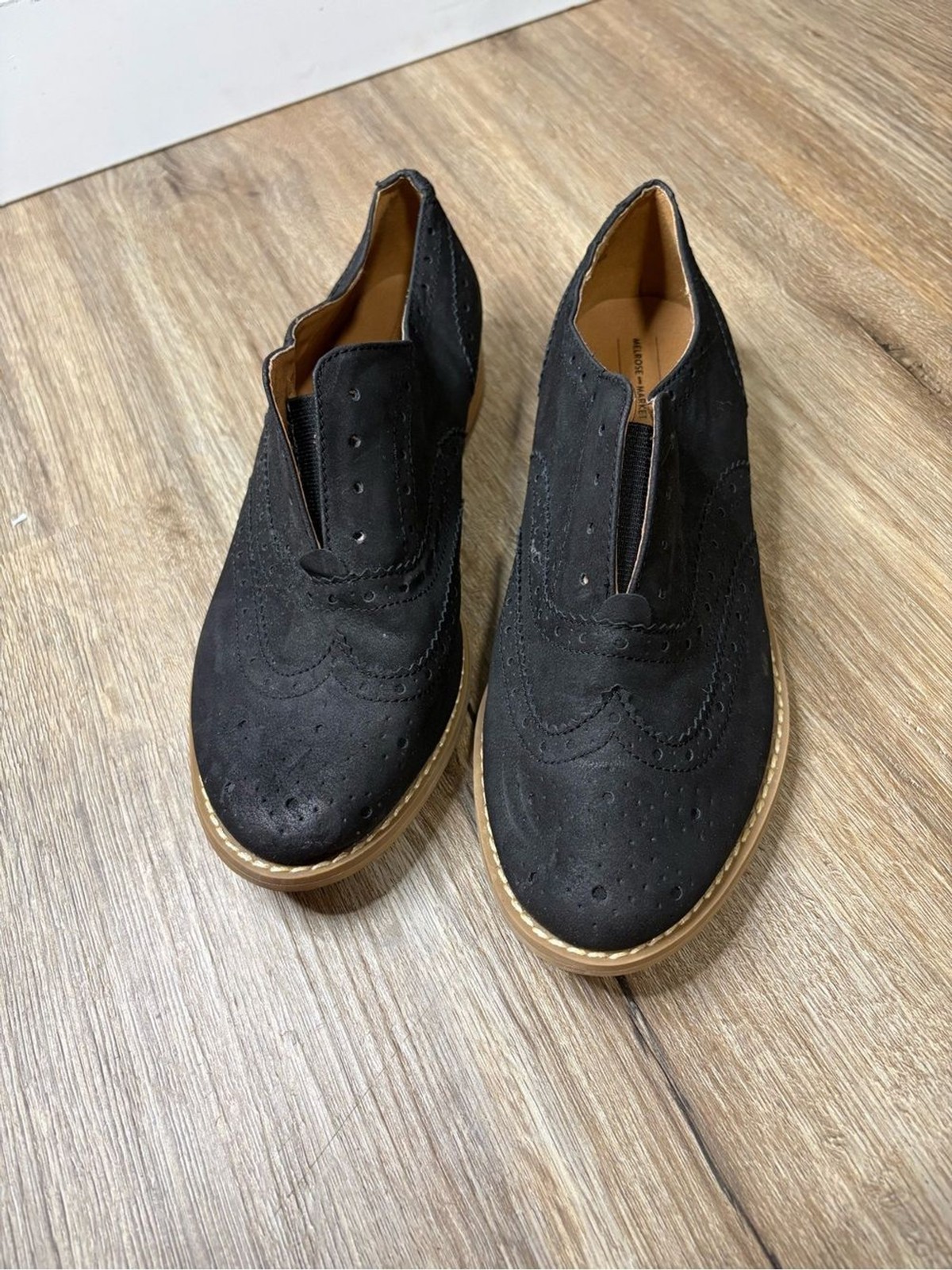 Melrose and Market Black Wingtip Vegan Slip-On Oxford Shoes Faux Suede Size 7