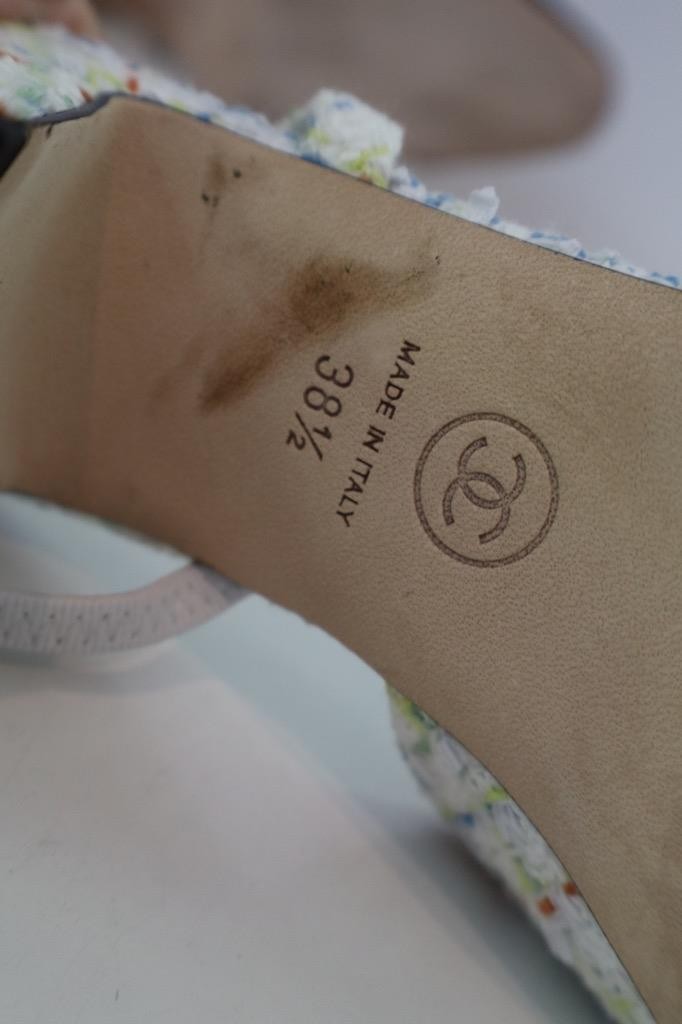 CHANEL White Multicolor Tweed/Black Grosgrain Cap Toe Slingbacks 38.5/US 8.5