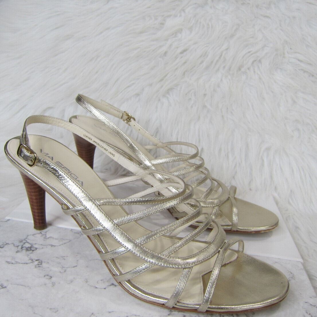 Via Spiga Strappy Metallic White Gold Sandals Heels Size 10.5 M