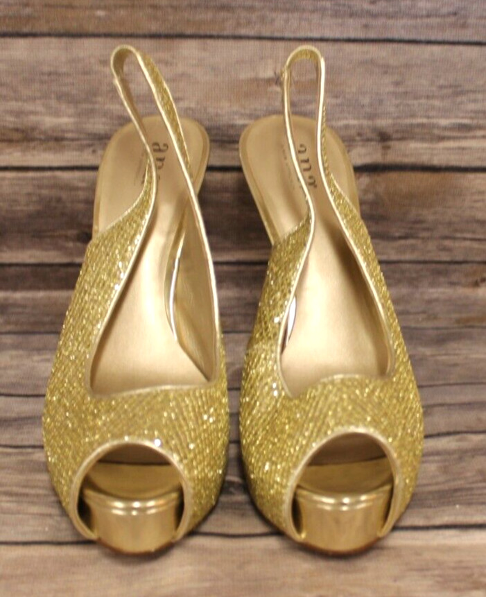 Ana Nora Platino Gold Slingback Heels Woman Size 10M Glitter Peep Toe 023-5745
